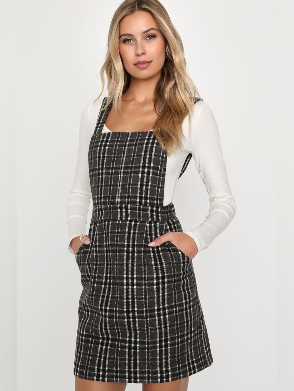 Lulus Womens Plaid to Be Yours Black and White Pinafore Mini Dress - S